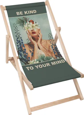 A folding wooden deck chair with a printed fabric seat featuring an artistic image of a woman with flowers on her head and inspirational text.