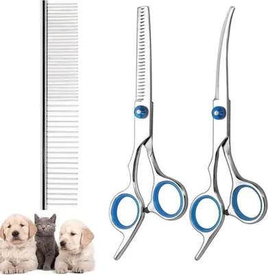 Productafbeelding van Set scharen voor honden en katten, inclusief een dunnerschaar, een gebogen schaar en een borstel voor de vachtverzorging