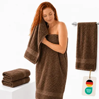 Produktbild von Komfortec 2er Set Duschtücher, 70x140cm Größe, Doppelpack, %100 Baumwolle, Handtücher, Frottee, Weich, Saugstark, Braun
