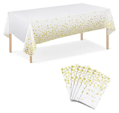 Plastik Tischdecke 6er-Pack, 137 x 274 cm, Weiß/Gold, Sterne