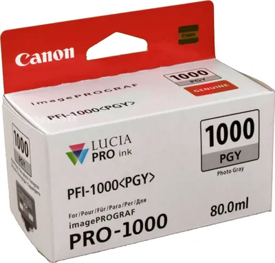 Produktbild von Canon PFI-1000PGY Tinte Fotograu, Foto grau, Tinte auf Farbstoffbasis, 80 ml, 3165 Seiten
