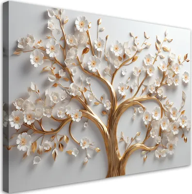 Produktbild von Leinwandbild 3D-Goldbaum in voller Blüte, Glamour 120x80 Feeby Weiß bild für die wand bereit zum aufhängen