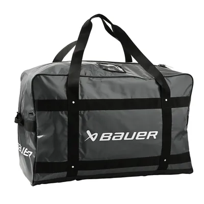 A gray duffel bag with black straps and accents, featuring the Bauer logo.