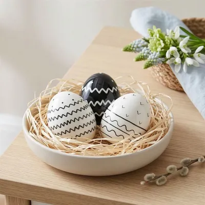 Image de Lot de 3 œufs de Pâques « Style » en porcelaine, blanc / noir, décoration de Pâques, figurines décoratives, œufs décoratifs
