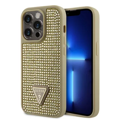 A gold iPhone case with rhinestones and a Guess logo is shown next to an iPhone.