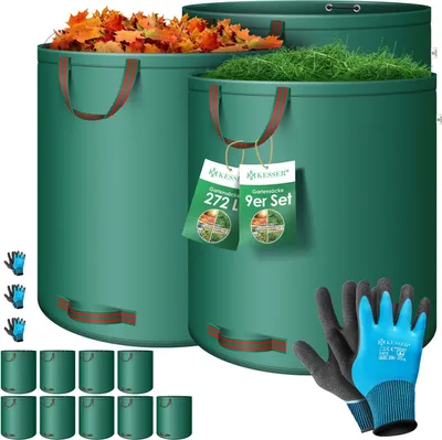 Produktbild von KESSER® Gartensack Set Laubsack Gartenabfallsack inkl. Handschuhe - Selbststehend 4 Griffe Stabil Robust & Faltbar - Laubsäcke Rasenschnitt Gartensäcke für Gartenabfälle Grünschnitt