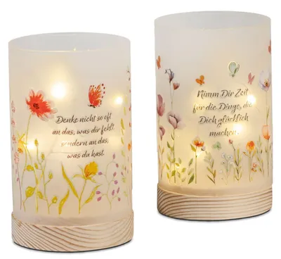 Produktbild von 2er Set Deko Lichter Stimmungslampen Zylinderf Blumen mit Sprüchen 15cm Formano