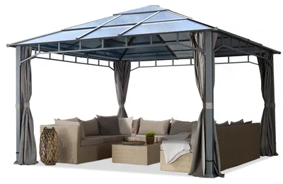 Immagine prodotto di TOOLPORT Gazebo da Giardino 4x4 m Telaio in Alluminio Tetto in Policarbonato da ca. 8 mm 4 Teli Laterali Color Grigio