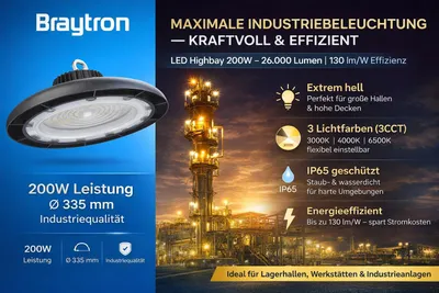 Immagine prodotto di Braytron Lampada a LED per capannoni 200 W 3CCT (bianco caldo, bianco neutro, bianco freddo) 26.000 lm, alluminio nero, IP65