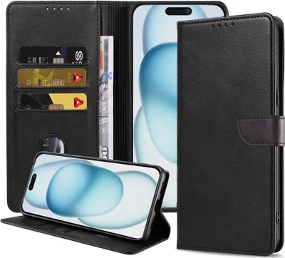 Produktbild von Fit für iPhone 15 Plus Handytasche Kunstleder mit magnetischer Lippe und Kartenhalter Buchhülle mit Klappe - Schwarz - Smartphonics