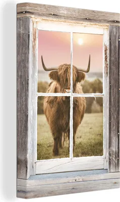 Produktbild von OneMillionCanvasses® - Leinwandbilder - 90x140 cm, Schottisches Hochlandrind - Ansicht - Fenster, - Geöffnetes Fenster - Fensterblick Hochland Rind - Tier Wanddekoration - Hochland Rind - Kuh - Gemälde auf Holzrahmen  - Wandschmucke - Schlafzimmer