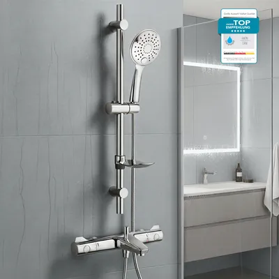 Produktbild von GROHE Duscharmatur Grohtherm 800, Duschsystem mit BELVIT Brauseschlauch, Duschstange, Slim Duschbrause & Seifenschale mit 3 Strahlarten & SafeStop