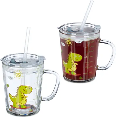 Image de Verres à boire Relaxdays pour enfants, lot de 2, motif dinosaure, verres pour enfants avec anse, couvercle et paille, graduation de 400 ml, transparents