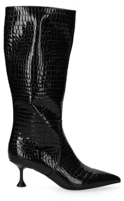 Produktbild von Damenschuhe, Stiefel, Schwarz, Leder, Krokodilmuster, glänzend, mit Kittenabsatz