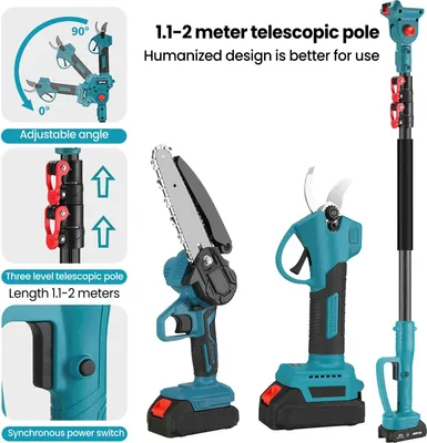 Obrázok produktu pre Sada na strihanie vysokých konárov – 15 cm elektrická reťazová píla – nožnice na konáre + píla + dlhá teleskopická tyč – pre 18 V akumulátor – červená