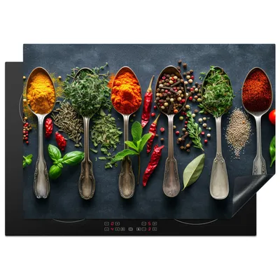 Produktbild von KitchenYeah© Herdabdeckplatte Gewürze - Löffel - Kräuter , 75x52cm, Küche Deko, Glaskeramikkochfeld Herdabdeckung, Abdeckplatte fùr Kochfeld