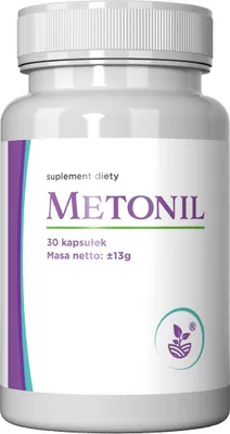 A white bottle of Metonil dietary supplement with a label.