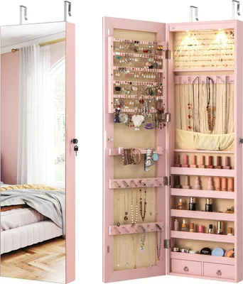 Produktbild von GOPLUS Schmuckschrank mit LED, Spiegelschrank hängend mit Schlüsseln, Schmuckregal mit Spiegel für Ringe, Ohrringe, Halsketten, Armbänder (Rosa)