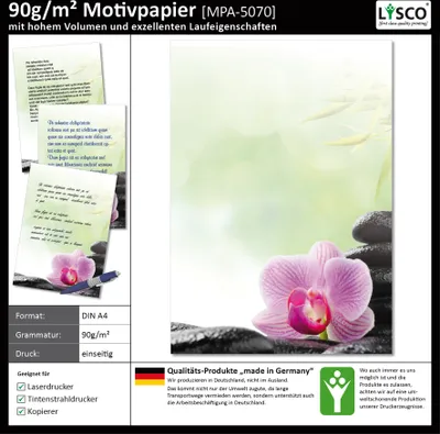 Produktbild von Motivpapier Briefpapier (Wellness-5070, DIN A4 25 Blatt) Feng Shui mit pink Orchidee auf wasserbenetzten Steinen und Bambus im Hintergrund