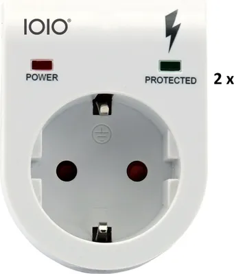 A white electrical surge protector adapter with a European-style socket.