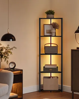 Zdjęcie produktu dla Półka narożna z 5 półkami i regulowanym oświetleniem LED | Czarny kolor | 48 x 24,8 x 146,6 cm
