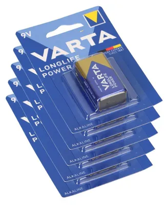 A stack of Varta 9V batteries in their original packaging.