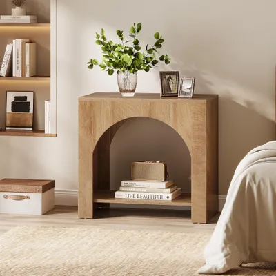 Produktbild von Tribesigns Beistelltisch im Landhausstil, großer Sofa-Beistelltisch mit robustem Holzsockel für das Wohnzimmer, mit Stauraum, Hellbraun