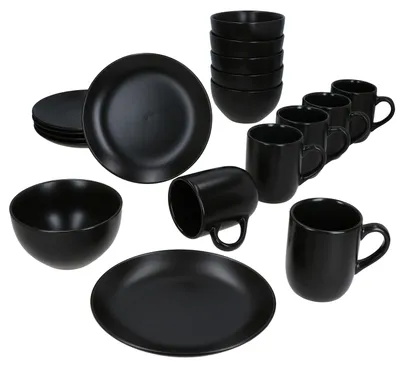 Immagine prodotto di set colazione 18 pezzi Panther in gres nero 6 persone piatto ciotola tazza