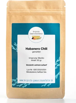 Produktbild von Habanero Red Savina, gemahlen. Die scharfe Chili mit 200.000-250.000 Scoville. Vorsicht scharf