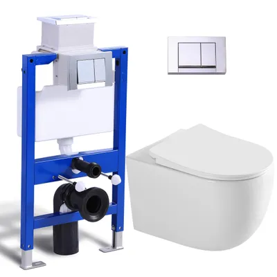 Produktbild von Komplett Vorwandelement Toilette Set - 82cm Unterputzspülkasten + Wand WC Toilette + Quadratische Chrome Drückplatte HOROW