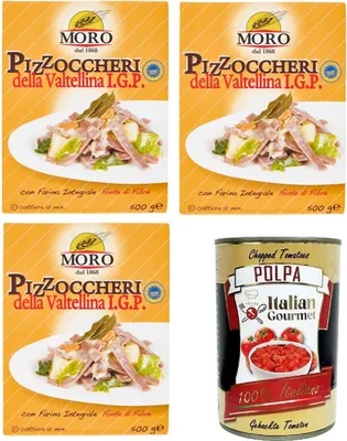 Produktbild von Moro dal 1868- Pizzoccheri della Valtellina I.G.P. Mit Vollkornmehl, Ballaststoffquelle 3x 500gr + Italian Gourmet Polpa 400g