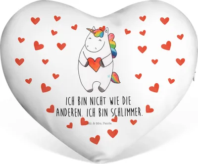 Produktbild von Mr. & Mrs. Panda Dekokissen Einhorn Herz - Weiß - Geschenk, Unicorn, Kuschelkissen, Kissen, Sofakissen, Lustig, Einhörner, Freundin, Herzkissen, dekoartikel