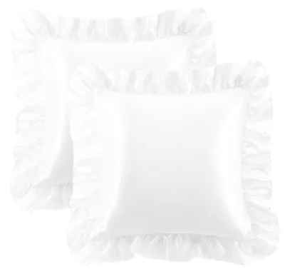 Zdjęcie produktu dla Zestaw 2 poszewek na poduszki satynowych, białe, 40x40 cm, z falbankami i zapięciem hotelowym