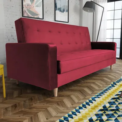 Produktbild von Schlafsofa im skandinavisches Stil Bamako Polstersofa mit Holzbeine Sofa mit Schlaffunktion Bettkasten Couch aus Velour, Farbe: Kastanienrot, Kronos 02