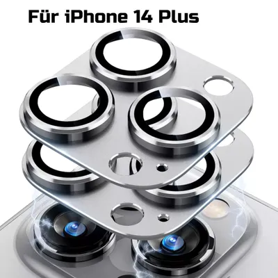 A close-up, layered view of camera lens protectors for an iPhone 14 Plus, with a hint of the phone's camera lenses visible below.
