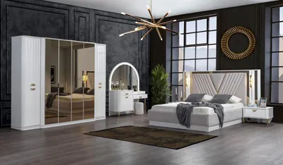Immagine prodotto di Set per camera da letto: letto, 2 comodini, armadio, 5 pezzi. Design moderno