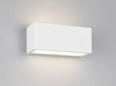 A white rectangular LED outdoor wall light mounted on a light gray wall.