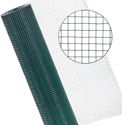 A roll of green wire mesh is shown diagonally across a white background, with a close-up inset of the mesh pattern.