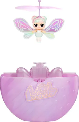 A toy doll with wings and a propeller is shown above a purple, shell-shaped container with the LOL Surprise logo.