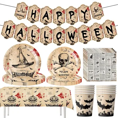 Halloween-Serviesset, 52-teilig, für 10 Personen, Papier