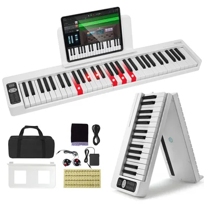 Produktbild von VEVOR 61-Tasten-Klappklavier, Bluetooth und MIDI, tragbares elektronisches digitales Klappklavier mit Sustain-Pedal, berührungsempfindlichen beleuchteten Tasten, Tasche, wiederaufladbar  weiß