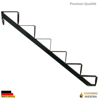 A black metal staircase with 6 steps, shown against a white background.