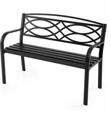 Obrázek produktu pro KOMFOTTEU kovová zahradní lavice, 2místná zahradní lavice s područkami, ergonomickým opěradlem a laťkovým sedákem, odolná proti povětrnostním vlivům, lavice na terasu, do parku, na dvůr, černá barva