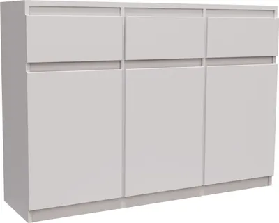 A light gray cabinet with three drawers on top and three doors below, shown from a slight angle.