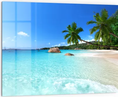 Produktbild von DEQORI Küchenrückwand Glas 80x60 cm 'Bilderbuchstrand' Spritzschutz Bad Rückwand