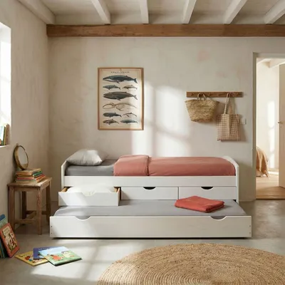 Produktbild von Bett mit Stauraum JESSY aus massiver Kiefer weiß, schönes Jugendbett mit 3 Schubladen, praktisches Funktionsbett mit Auszugbett, gemütliches Bett in 90 x 190 cm
