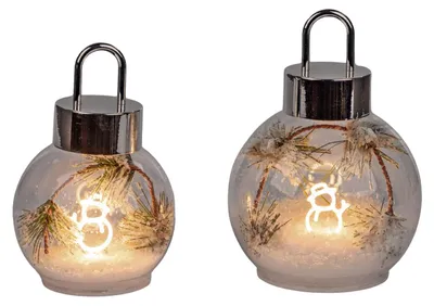 Produktbild von 2er Set LED Kugeln Tannenzweig mit Schneemann 15 + 17cm Glas mit Timer Formano