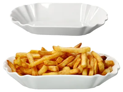 Produktbild von 2x Fries Pommesschale oval weiß Currywurst-Schale Servier-Teller Porzellan