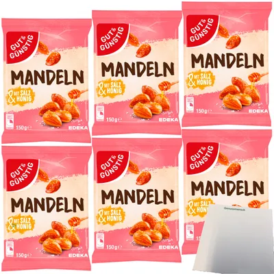 Produktbild von Gut & Günstig Mandeln mit Salz und Honig lecker karamellisiert 6er Pack (6x150g Packung) + usy Block