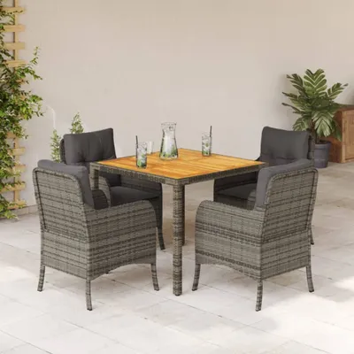 Produktbild von Design 5-tlg. Garten-Essgruppe mit Kissen Grau Poly Rattan, Gartenmöbel-Sets 2024 Neu